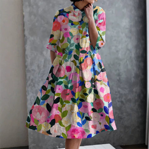 Elastic hemp short shirt dress floral Japanese vacation style pendulum skirt m303187