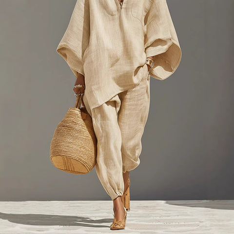 Women's casual style design bat sleeve V-neck lazy loose set m302386