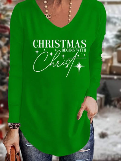 Loose 3D V-neck long-sleeved T-shirt women's Christmas printed bottoming shirt m302098