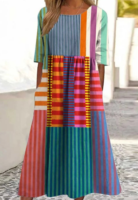 Up and down splicing pocket size printing big wide dress m301712