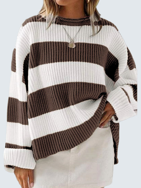 Crew neck long sleeve striped knitted sweater flared sleeve loose sweater women m301591