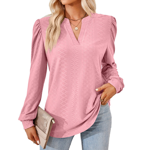 Solid color V-neck jacquard long-sleeved loose T-shirt top m300402