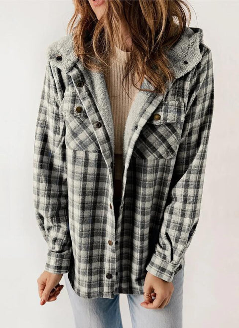 Women's plaid jacket long-sleeved hairy hooded jacket jacket with pockets m302153
