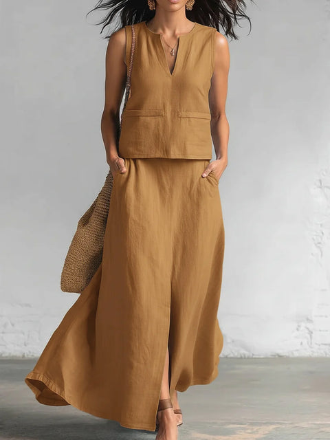 Sleeveless solid cotton and linen V-neck sleeveless top casual cross-body pocket skirt set m302507