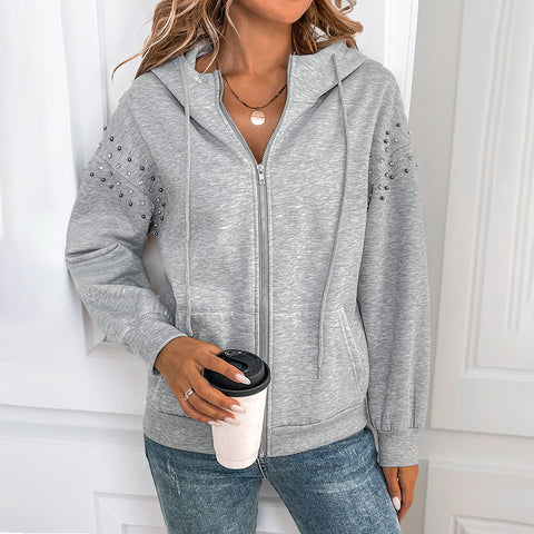 Hooded long-sleeved sweater autumn and winter solid color rivet casual fashion sweater jacket women m300810