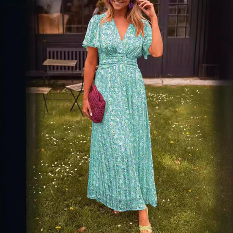 Temperament printed waist V-neck dress m301307