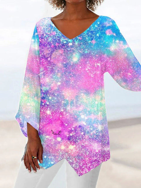 Women's printed animal natural scenery V-neck nine-quarter sleeve loose T-shirt m301289