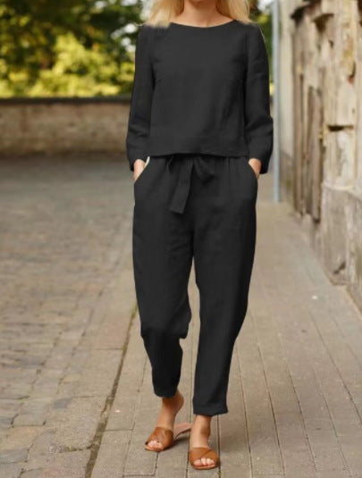Linen suit women's fashion solid color casual two-piece set m300052