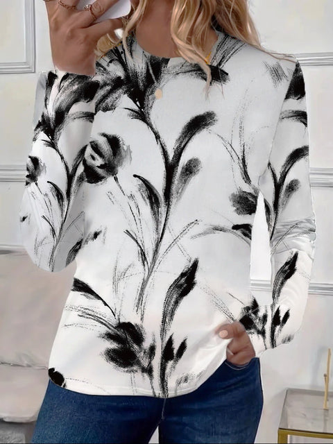 Women's Loose Fashion Retro Classic Printed Crew Neck Long Sleeve T-Shirt m301237