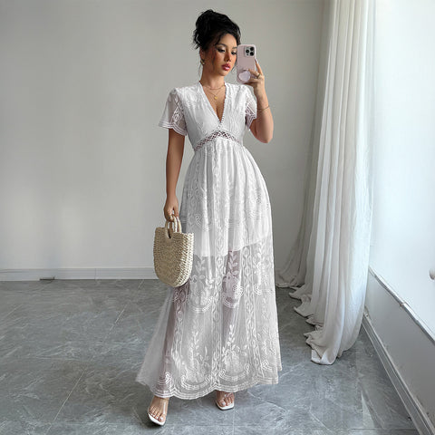 Elegant lace cutout short-sleeved long dress dress m301392