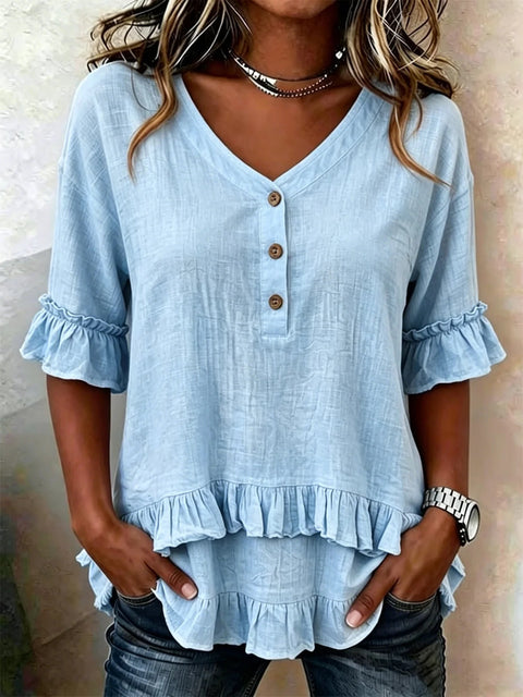 Lotus leaf edge V-neck irregular hem short sleeve m302918