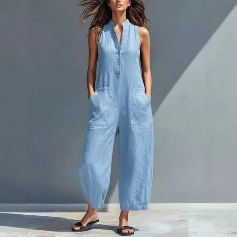 Sleeveless stand-up collar pocket jumpsuit m302843