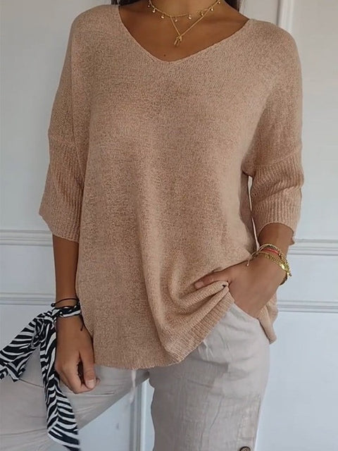 Casual sweater basic thin V-neck seven-quarter sleeve solid color knitted sweater women's bottoming shirt m301636