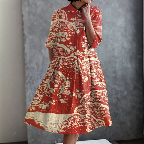 Elastic hemp short shirt dress floral Japanese vacation style pendulum skirt m303187