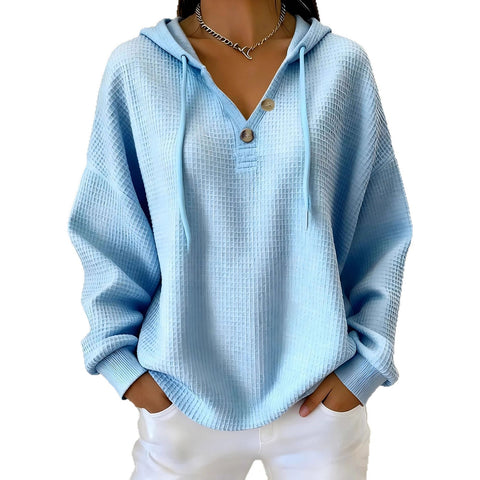 New solid color waffle V-neck button-down hooded sweatshirt m302180