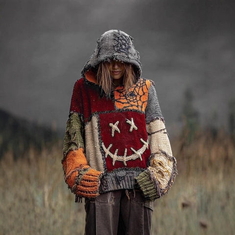 Autumn and winter loose hooded top casual shoulder retro women's printed sweater m302036