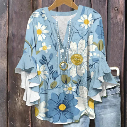 Digital printing casual trend V-neck lotus edge T-shirt women's m302725-1