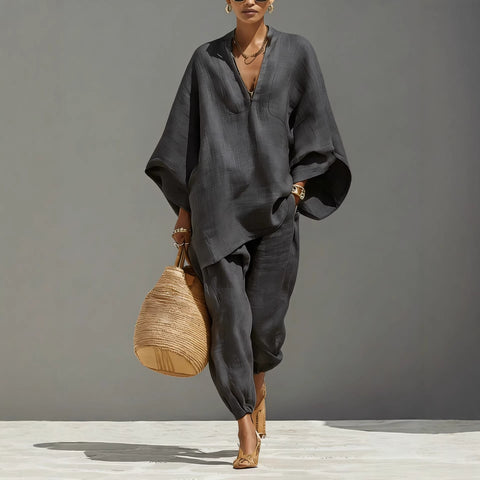 Women's casual style design bat sleeve V-neck lazy loose set m302386