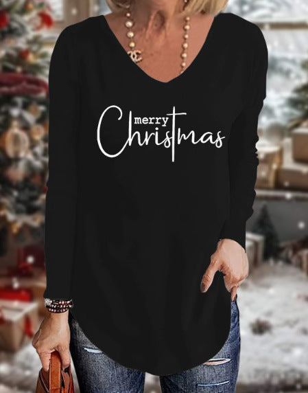 Loose 3D V-neck long-sleeved T-shirt women's Christmas printed bottoming shirt m302098