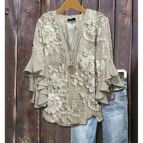 Floral element printing digital printing casual trend V-neck lotus edge T-shirt women's upper m302746