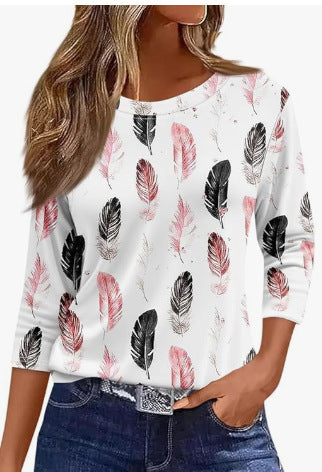 Slim and thin imitation cotton round neck printing solid color seven-quarter sleeve long sleeve m302884