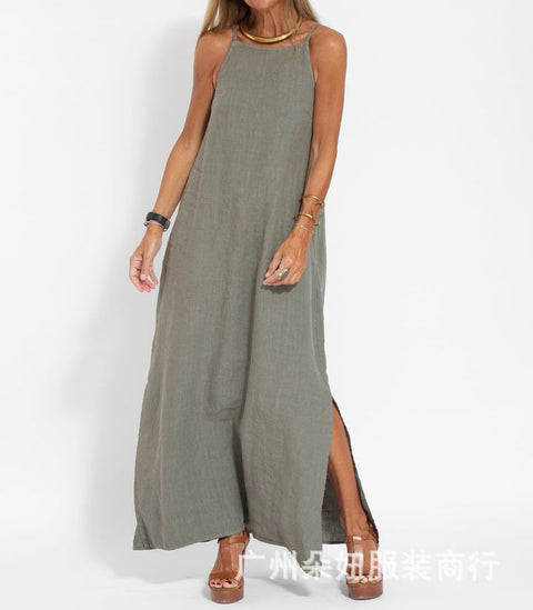 Fashion casual cotton and linen split suspender dress m302080