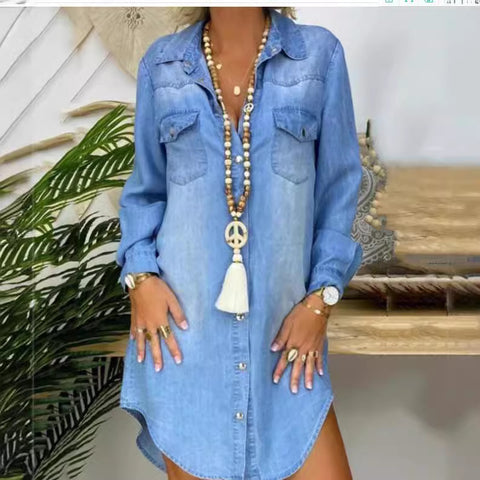 Long Sleeve Buckle Pocket Solid Color Denim Shirt Dress m300718