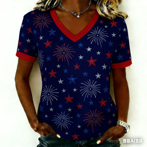 Women's short-sleeved Independence Day commemorative elements retro digital printing T-shirt m302361