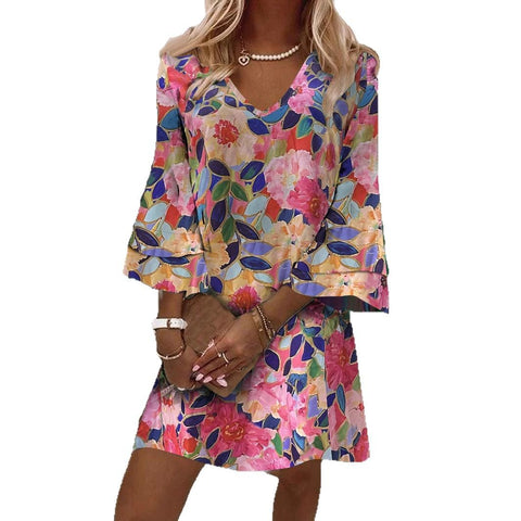 Full-body printed V-neck dress m302858