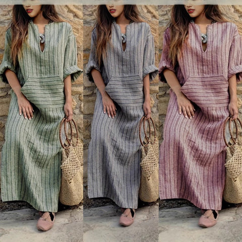 New cotton and linen dyed striped loose dress m302470