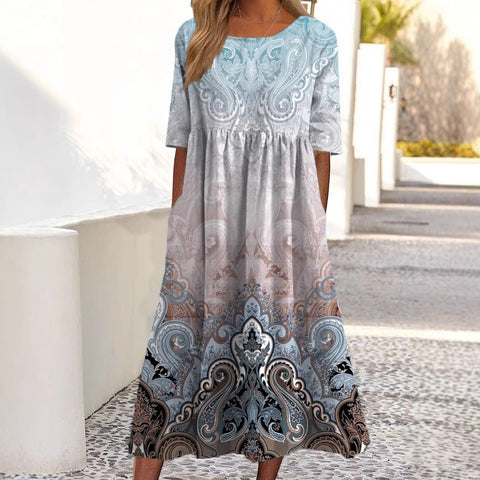 Women's Fashion Loose Floral Print Crew Neck Short Sleeve Pocket Dress m302800