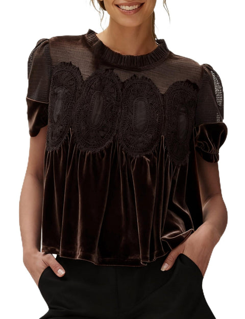 Mesh embroidered lace round neck pullover solid color velvet loose top m302350