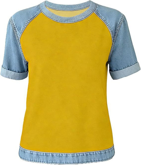 Printed denim splicing round neck short sleeve loose casual m302385