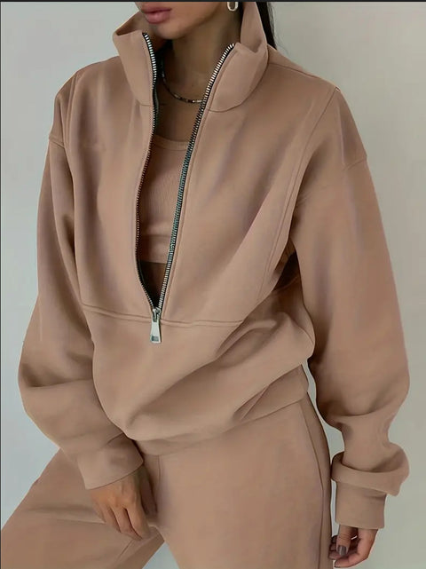 Casual sports home loose and comfortable zipper fleece knitted sweater sweatpants two-piece women's clothing m301654