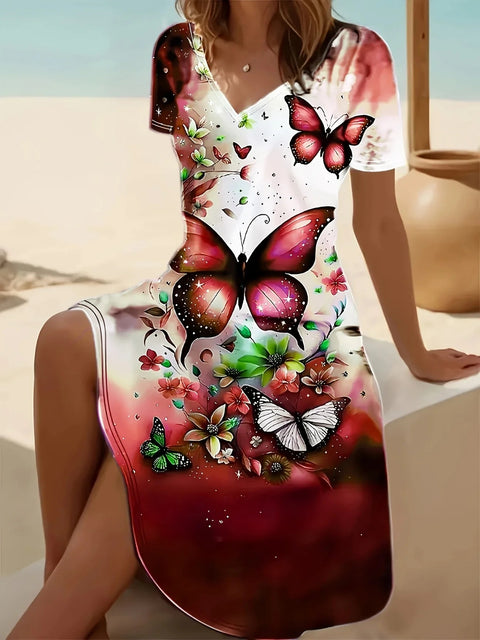 New V-neck casual flower print short-sleeved medium-length dress m302707
