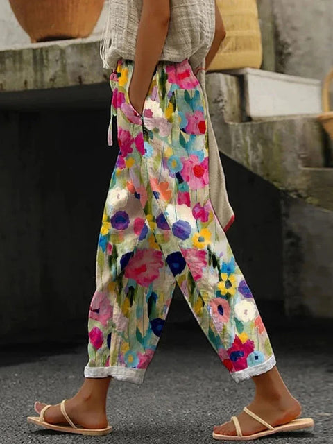 Women's pocket casual printing elastic waist trousers straight-leg trousers m301372