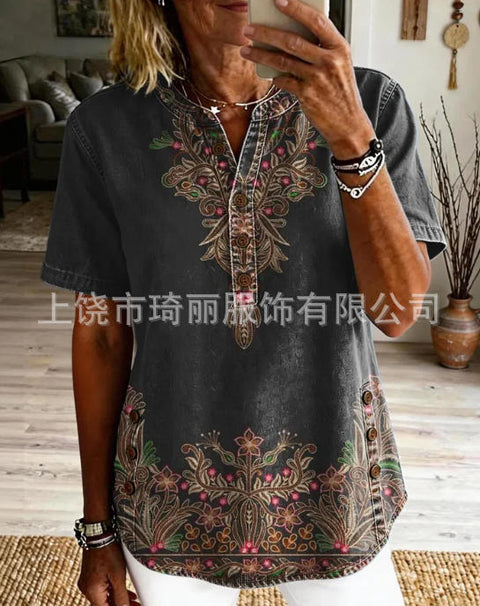 Women's Floral Print V-Neck Casual Women's Short Sleeve Top FF303332