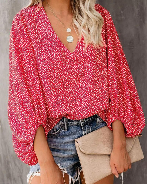 V-neck shirt printed lantern sleeve women's top m301626