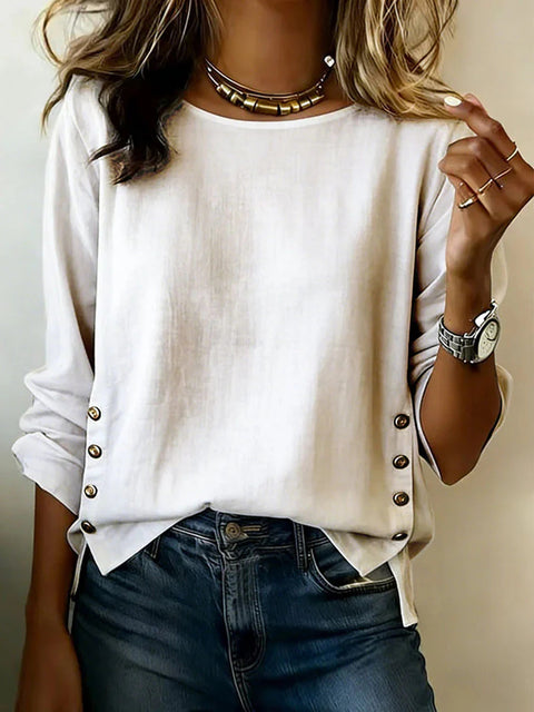 Women's T-shirt solid color round neck casual loose cotton and linen top m302837