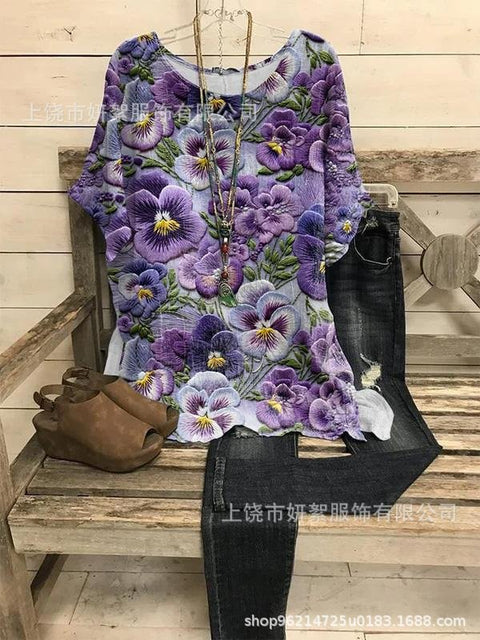 Loose round neck short-sleeved cotton and linen top women's m301281