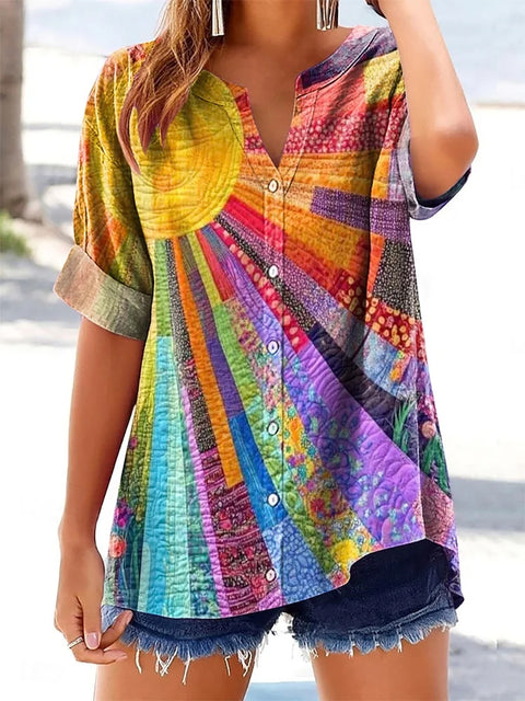 Printed V-neck pullover short-sleeved T-shirt m303021