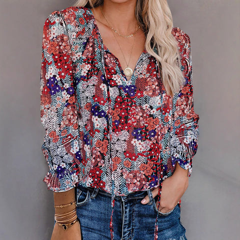 Autumn/Winter Floral Print Shirt V-Neck Long Sleeve T-Shirt M302883
