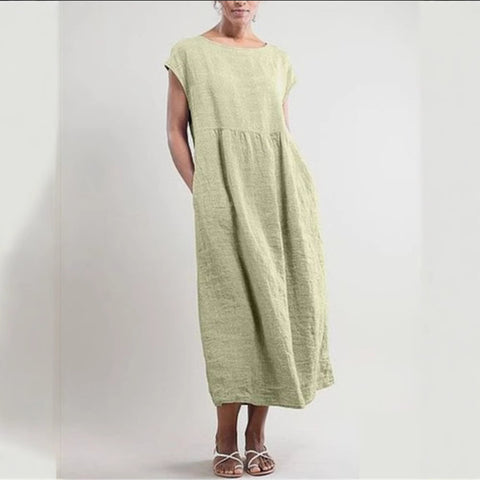 Solid color sleeveless loose cotton and linen pocket dress m301608