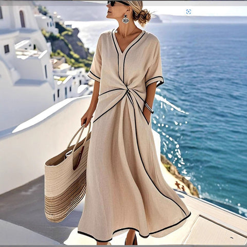 V-neck women's fashion elegance commuter ladies printed striped dress print ladies print ladies m302355