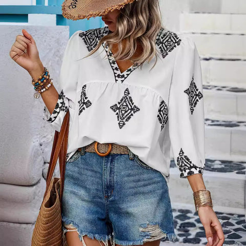 Fashion printed bag seven-quarter sleeve V-neck women's top m301002