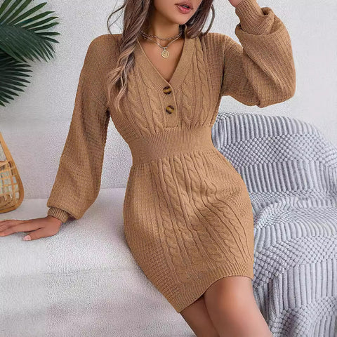 Button V-neck twist lantern sleeve hip sweater skirt m300577