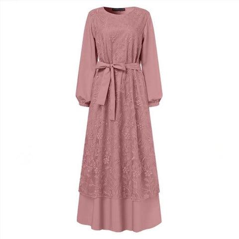 Muslim Crew Neck Lace Long Sleeve Waist Loose Long Dress Women's m301325