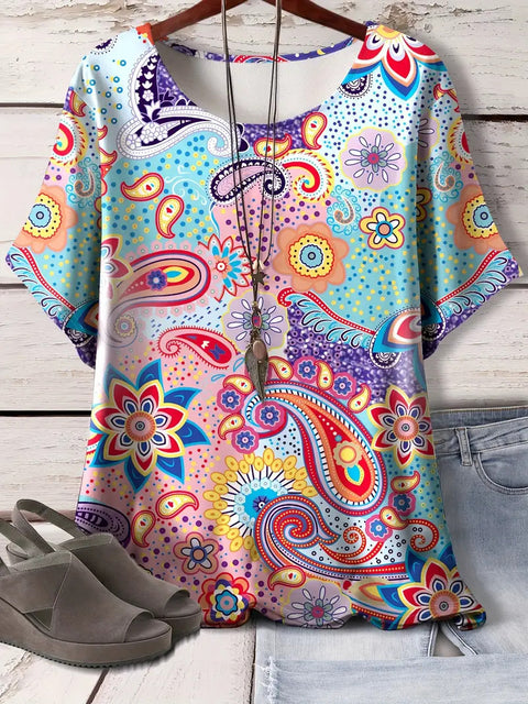 Retro printed cotton short-sleeved T-shirt early spring new versatile crew neck bottoming shirt m301287