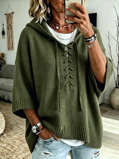 Strap-on hooded 7-point sleeve knitted sweater lazy loose pullover sweater m303004