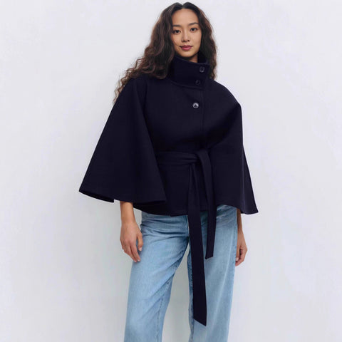 Stand-up collar waist thin lace-up solid color woolen coat women's m302333